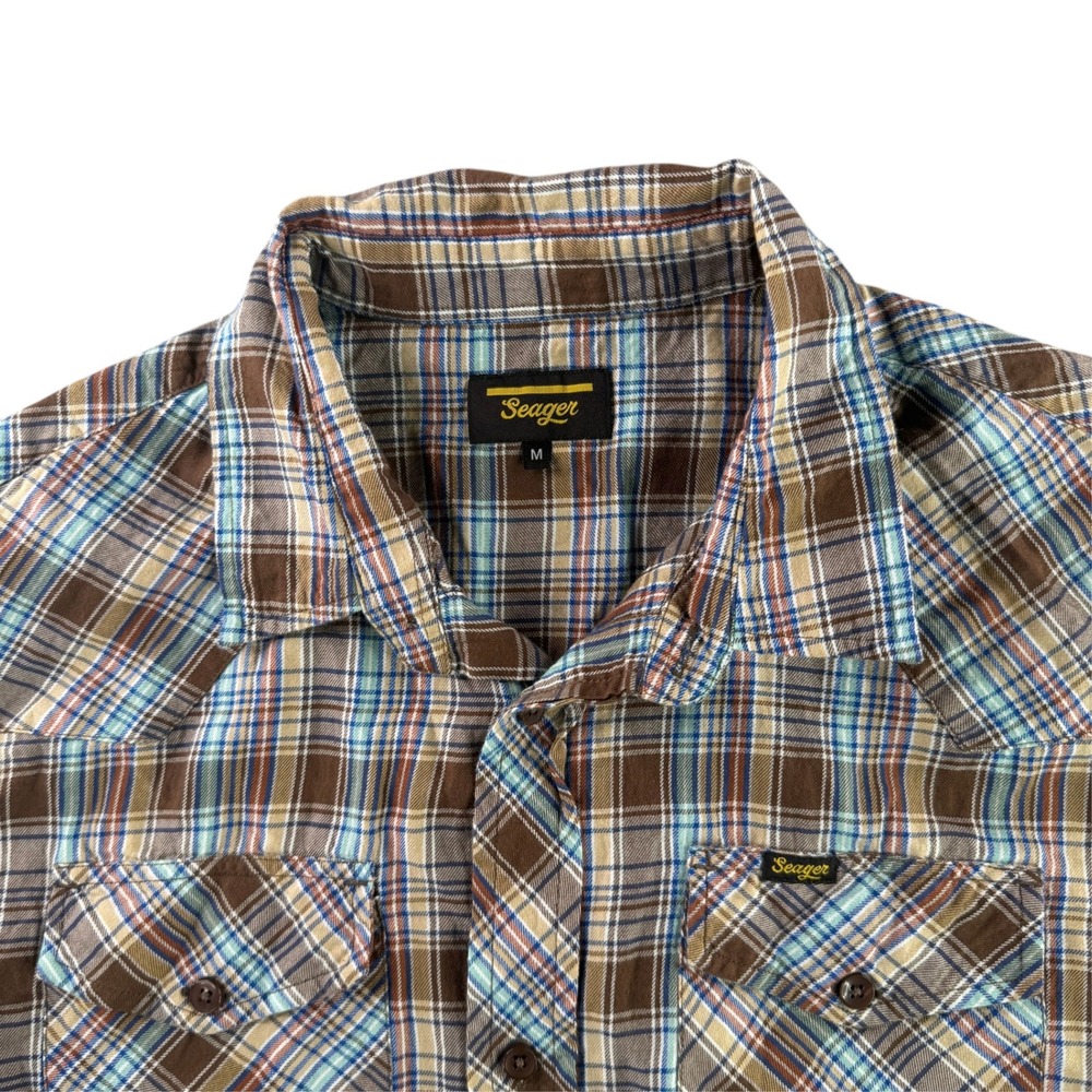 Seager Button Down Shirt Mens Medium Brown Blue Plaid  Western Yoke Huckberry